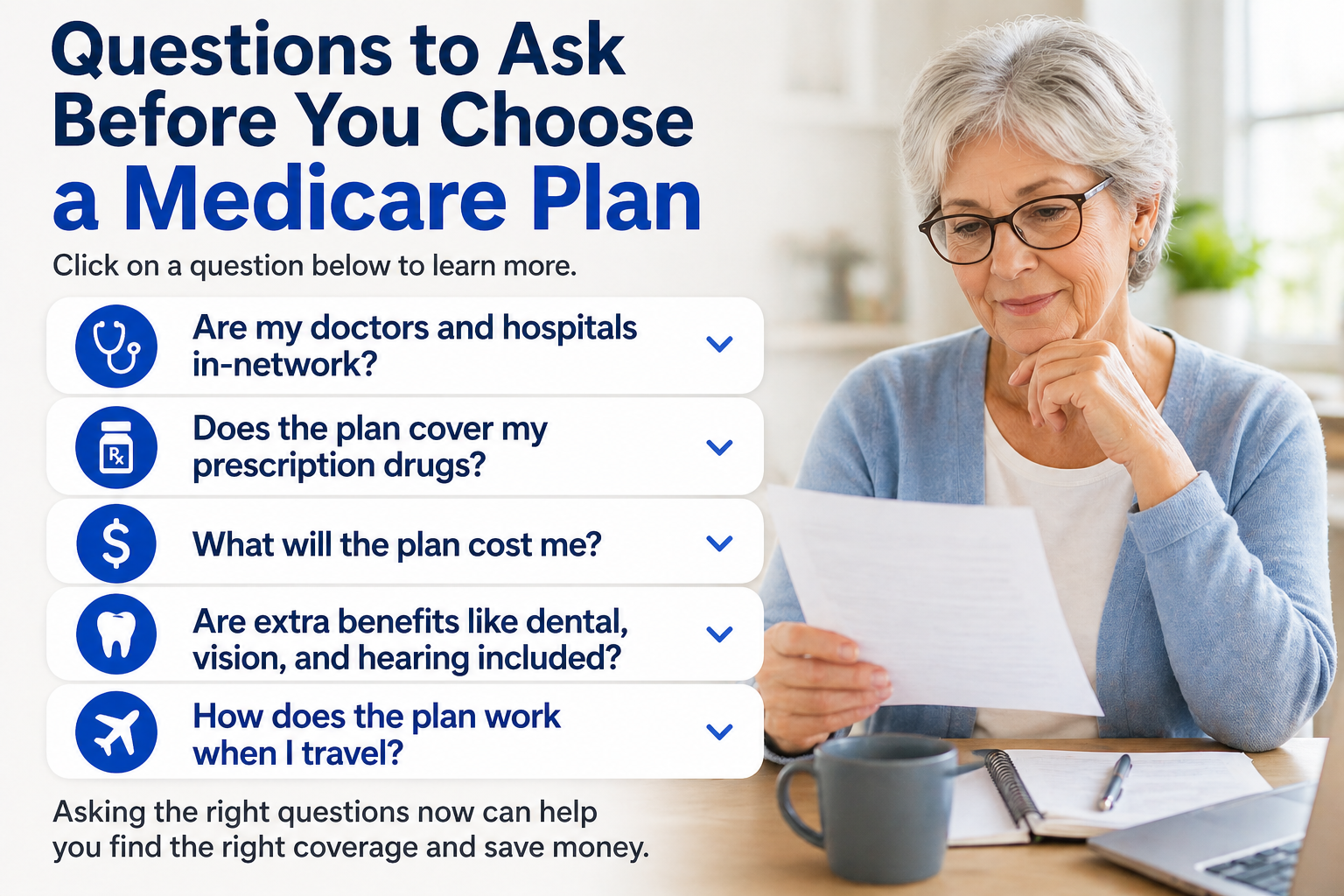 Senior woman reviewing paperwork at home next to text about questions to ask before choosing a Medicare plan
